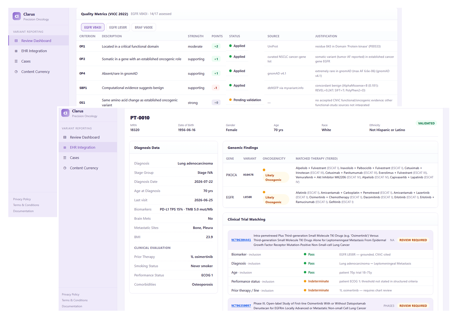 The Clarus review dashboard: per-variant VICC quality metrics with each criterion's strength, points, status, source and justification; and the EHR integration view with grounded genomic findings and clinical-trial matching marked Pass or Indeterminate.